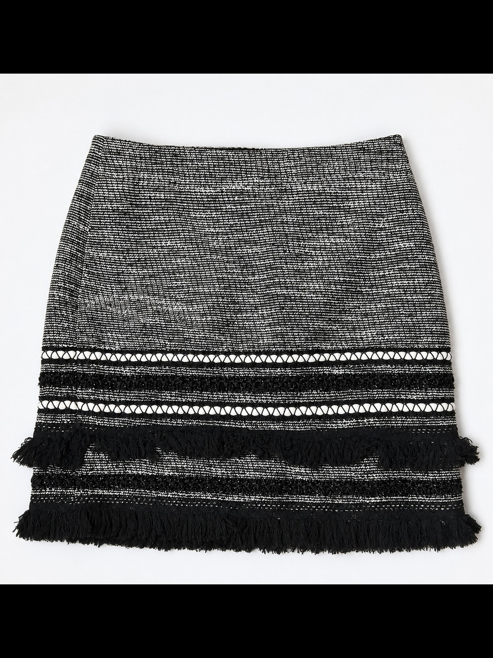 H&M Black White Fringe Tweed Mini Skirt Size 6